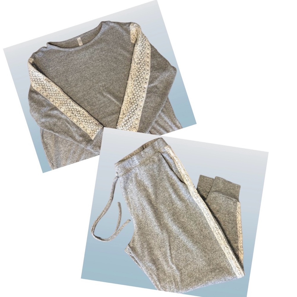 Women’s Flora Nikrooz Gray Loungewear Jogger Set with Cream Lace Accents